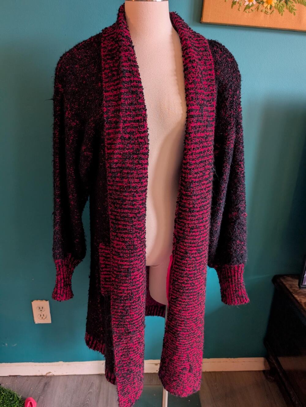 Vintage 80s black and hot pink oversized duster cardigan sweater with pockets